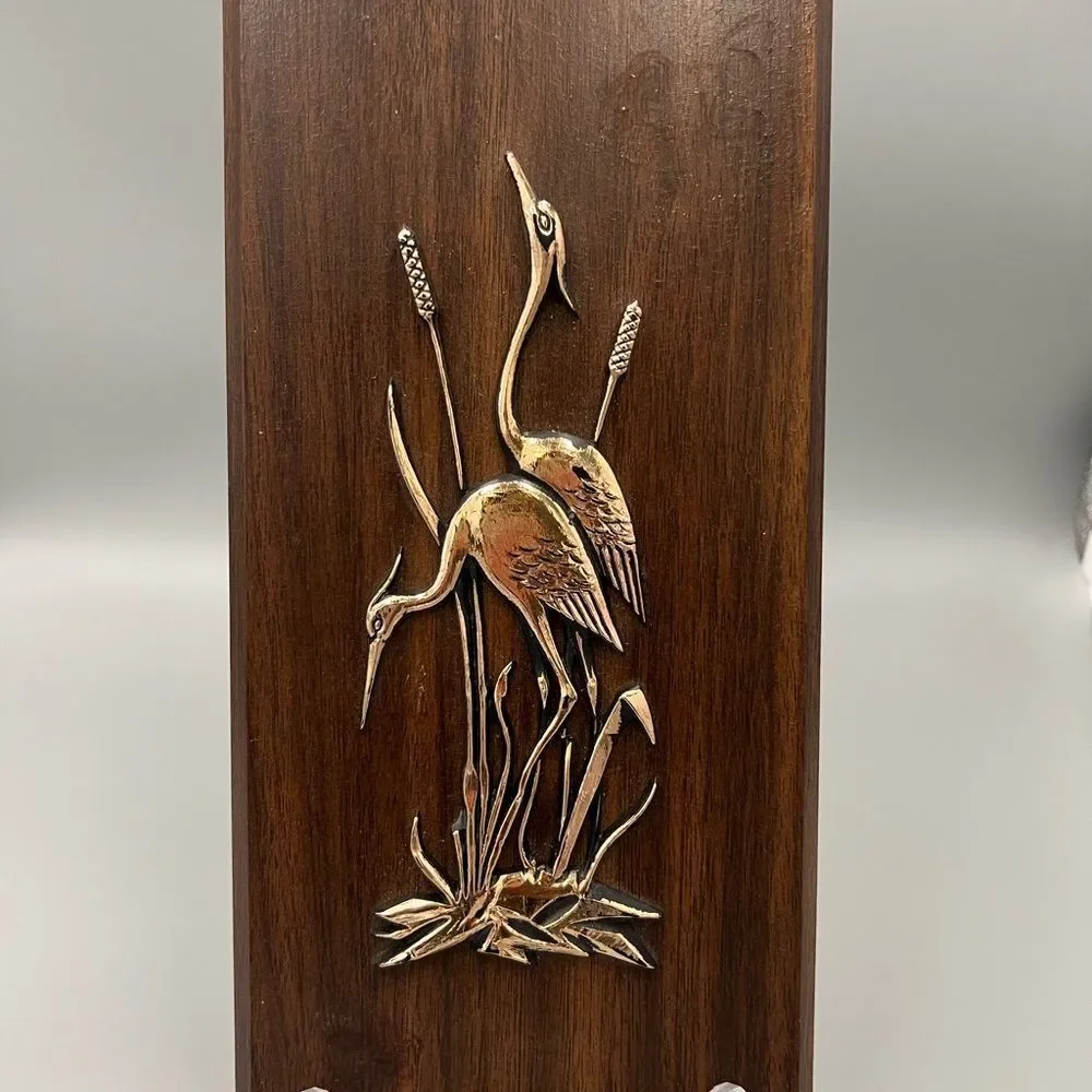 Vintage Wood Plaque with Brass Herons 60s mid century - Picture 2 of 5